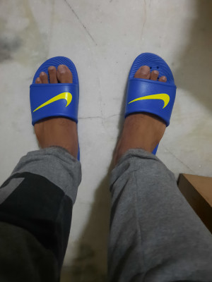 Royal blue nike slides with gold check top