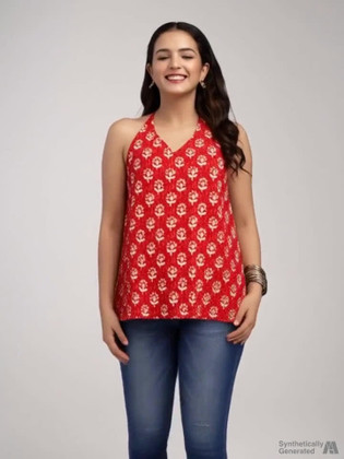 flipFabric Casual Sleeveless Floral Print Women Red Top view 3