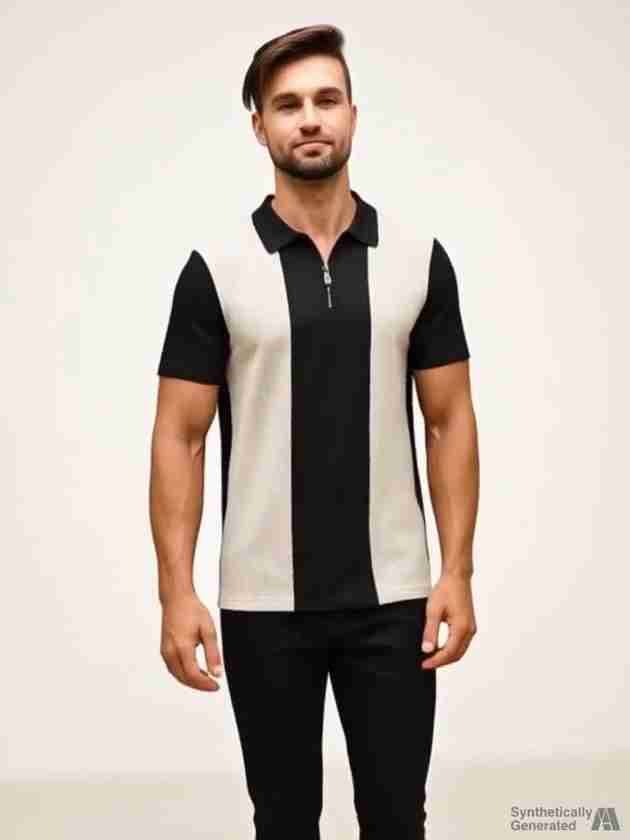 KAJARU Men Black, Beige Zip Neck Polyester T-Shirt - Image 3