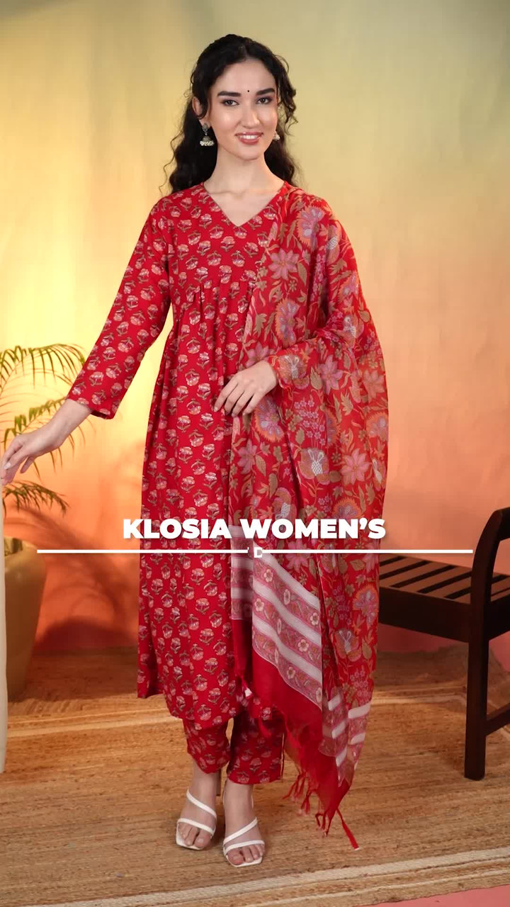 KLOSIA Damen Bedrucktes Kurta Und Hose Set Mit Dupatta - Anarkali Stil In Kastanienbraun