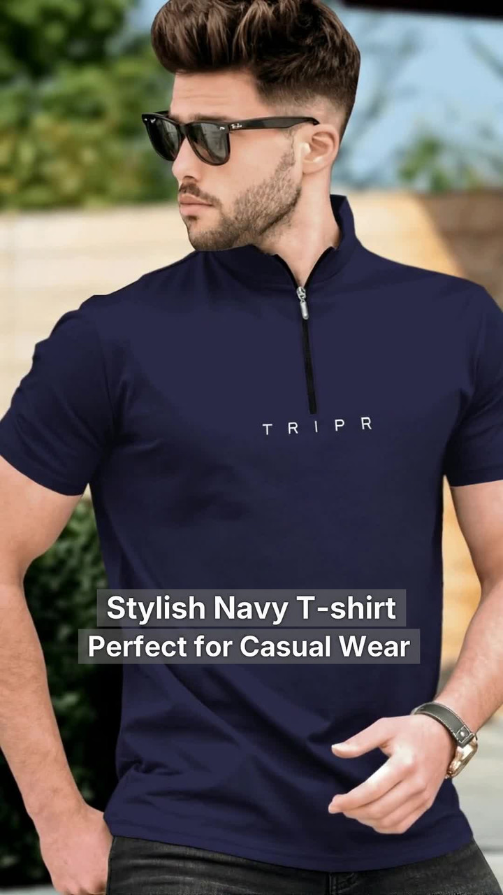TRIPR Solid Men Mandarin Collar Navy Blue T-Shirt - Buy TRIPR