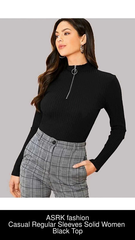 casual regular sleeve solid women black top