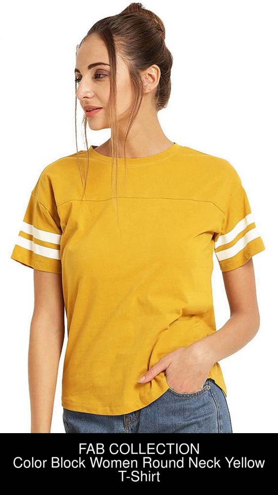 FAB COLLECTION Colorblock Women Round Neck Yellow T-Shirt