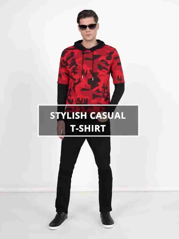 Try This Printed Men Hooded Neck Red T-Shirt