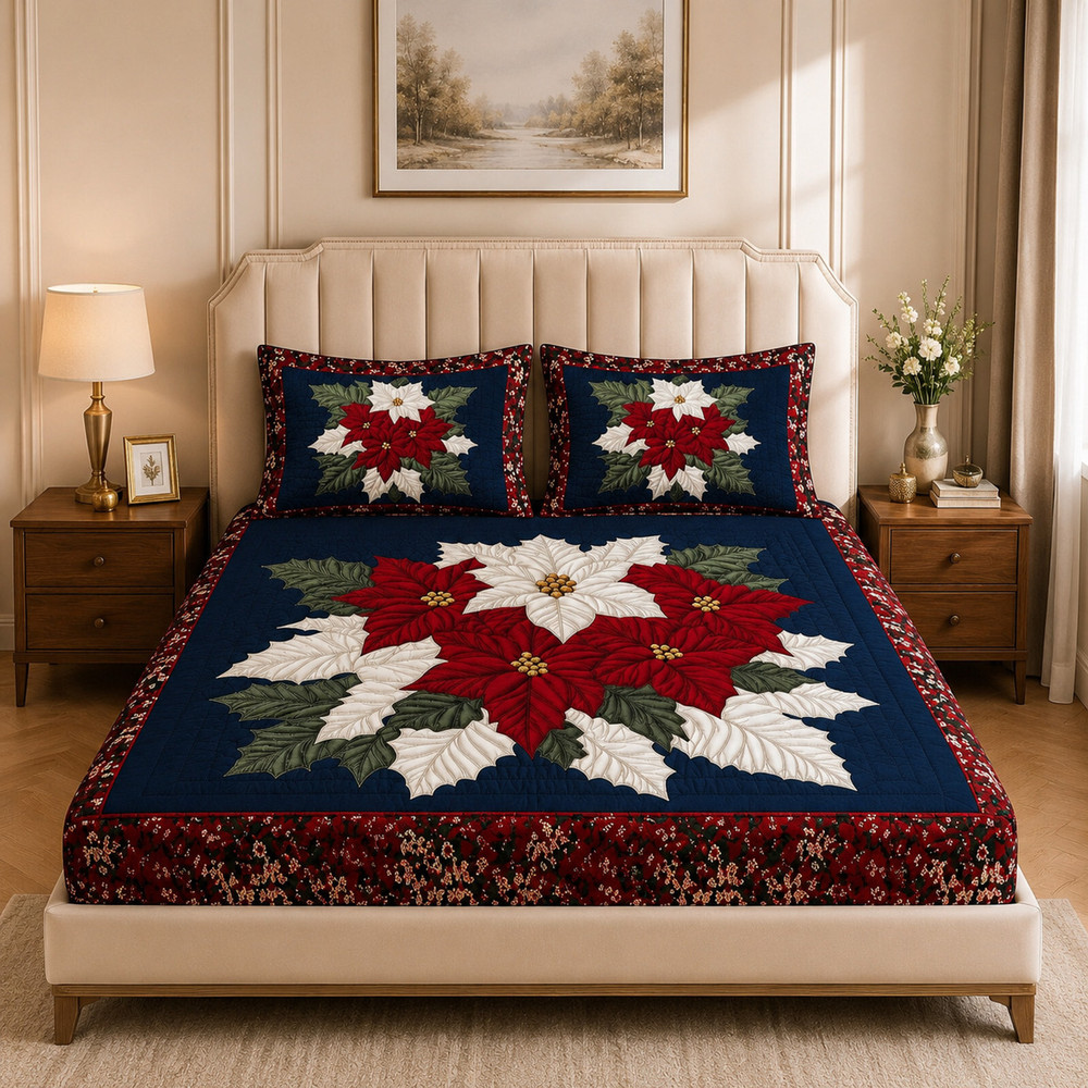 Navy Poinsettia Floral King Bedsheet — image 1 of 4