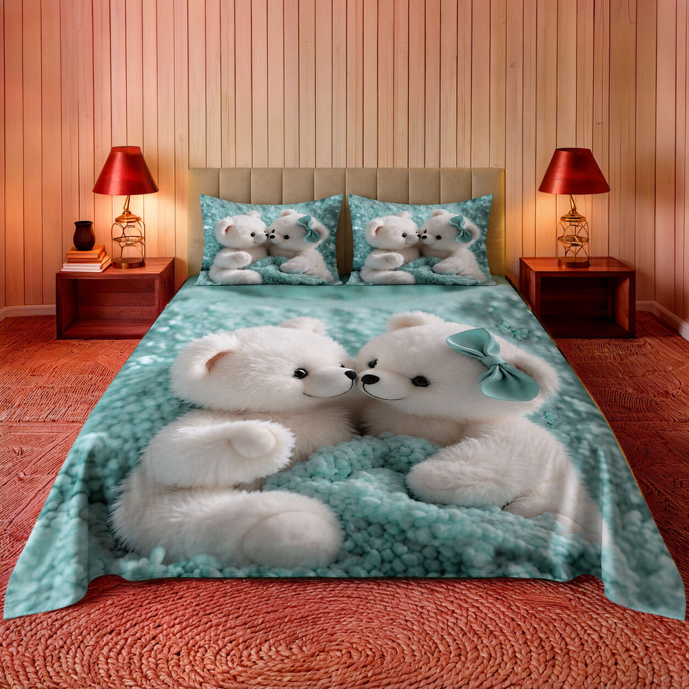 Sky Blue Teddy Twins King Bedsheet — image 1 of 4