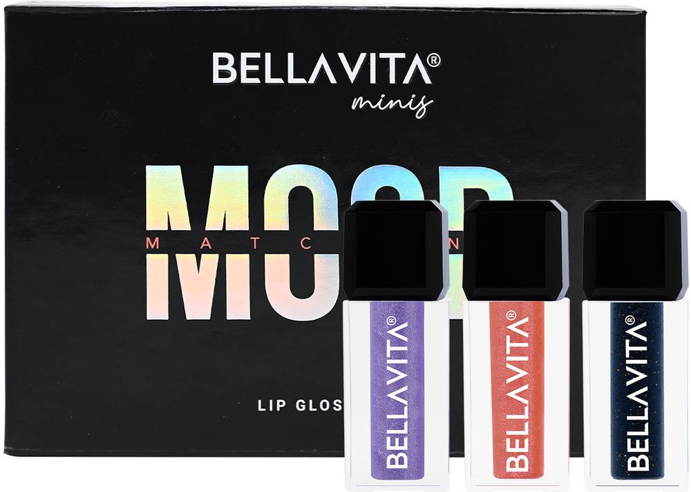 BELLAVITA pH Adapting Mini Lip Gloss Set of 3x2ml| Glossy Finish| Hydrating & Non-sticky  (6 ml, Lavender, Peach, Black)
