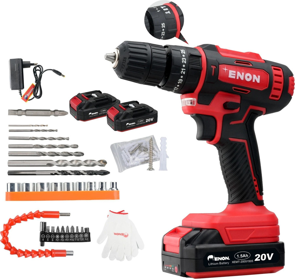 Enon Cordless Impact Drill for Home Use, 20V, 1500Rpm, Keyless Chuck 10mm, F/R Trigger, 2 Modes, 2 Batteries, Drill Kit for Wood, Metal, Concrete XE-C