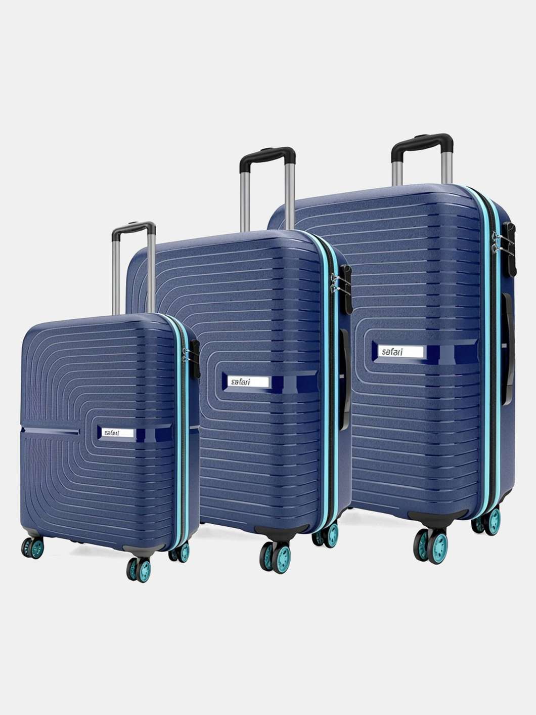 Safari Hard Body Set of 3 Luggage 4 Wheels - Magnum Fury Set of 3 (Small 55cm | Medium 65cm | Large 75cm) 4W - Blue