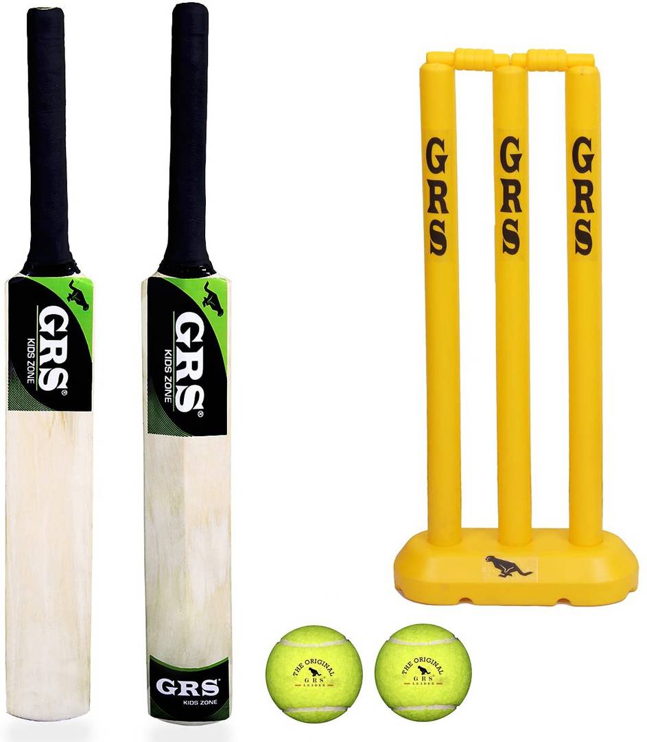GRS Kids Zone Popular Willow Cricket Bat with Wicket Set & 2 Tennis Ball for Kids (Size 3, Age 6-10 Year Old Kids), Wood Cricket Kit