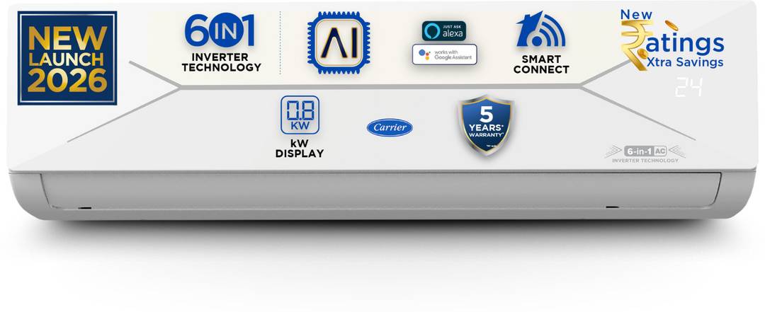 CARRIER 2026 Model 1 Ton 3 Star Split AI Inverter with Wi-fi Convertible 6-in-1 with Wi-Fi with Geo-Fencing & Voice Control,Smart Energy Display, Inst