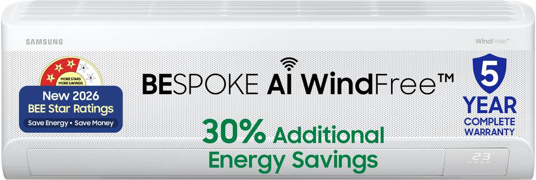 Samsung Bespoke AI 2026 Model 1.5 ton 3 Star Split WindFree Inverter with Wi-fi Energy Saving, Voice Control, Powerful Cooling, Copper, 4 Way swing, 5 Step Convertible AC (AR60H18D1LWNNA , AR60H18D1LWXNA, White)