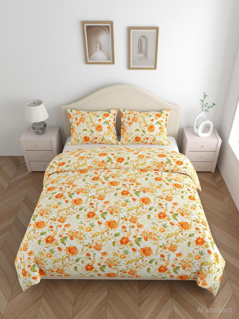 haus & kinder Microfiber Double Flat 200 TC Printed 1 Bedsheet with 2 Pillow Covers (Blue)