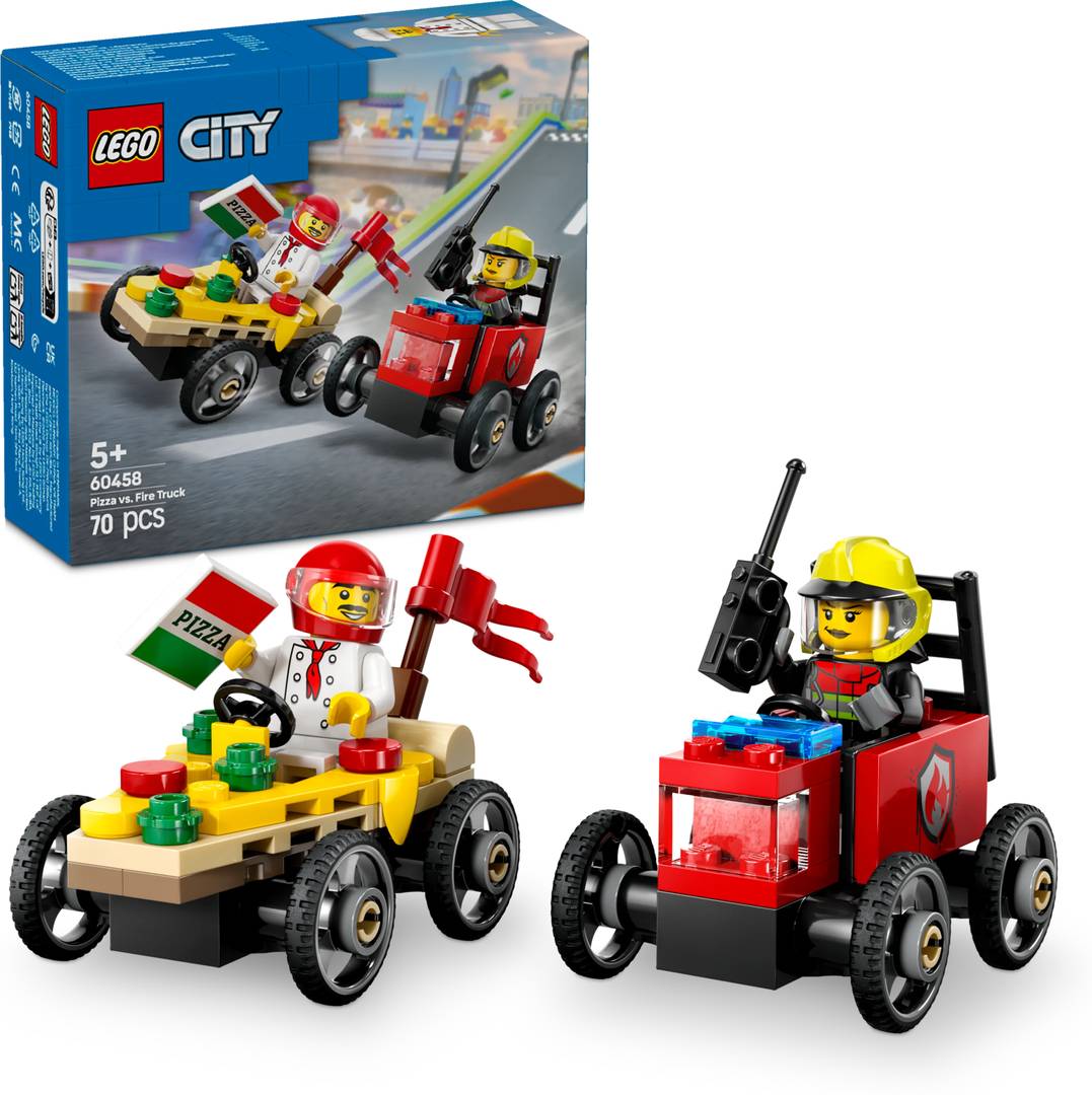 lego city pizza vs fire truck race car pack toy soapbox racing set 60458 70 blocks