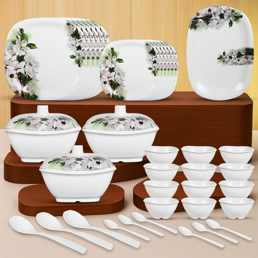 Flipkart SmartBuy Pack of 40 Melamin Emerald Bloom Melamine Dishwasher Safe|Stain Resistant Dinner Set White, Green