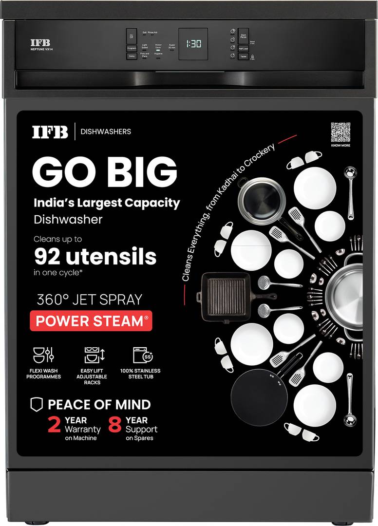 ifb neptune vx14 free standing 14 place settings 70 degree hot water wash 360 spray arm hygienic steam drying dishwasher