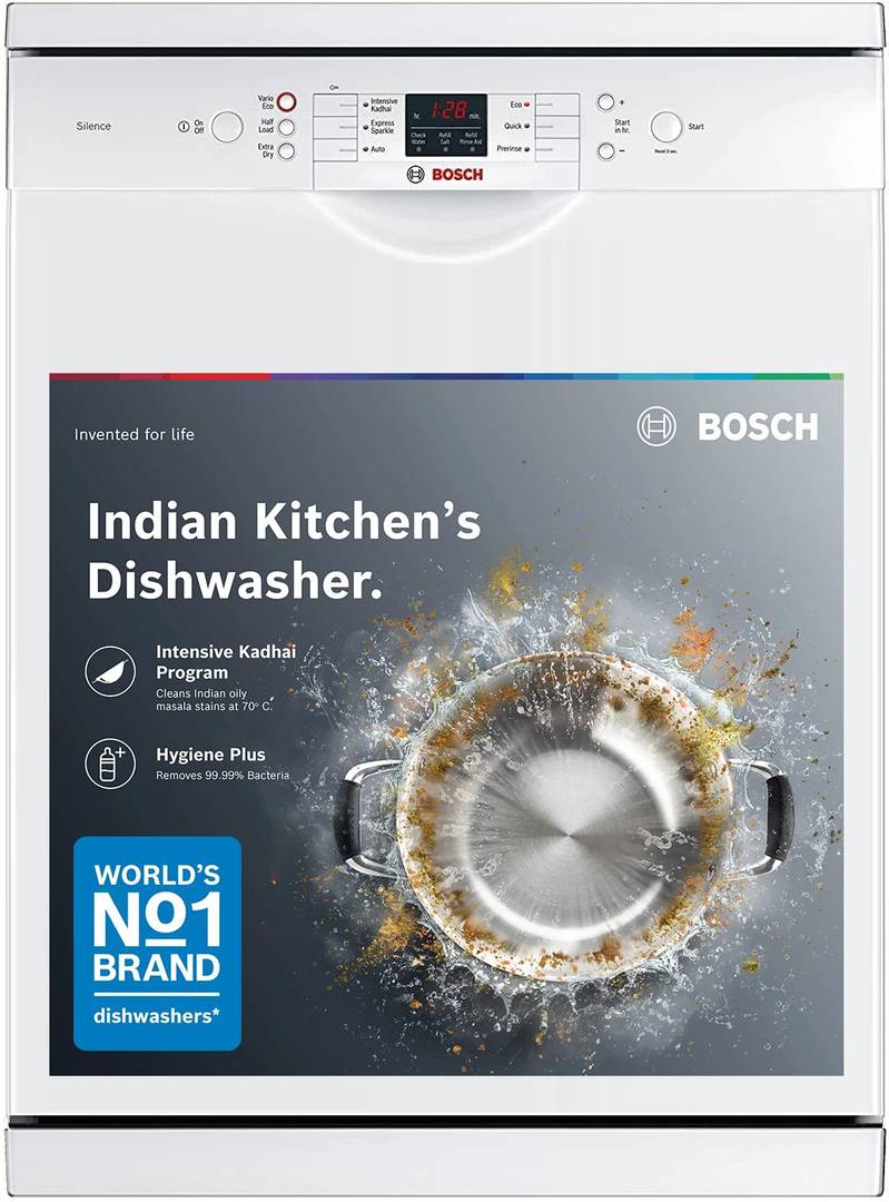 bosch sms66gw01i free standing 13 place settings intensive kadhai cleaning no pre rinse required dishwasher