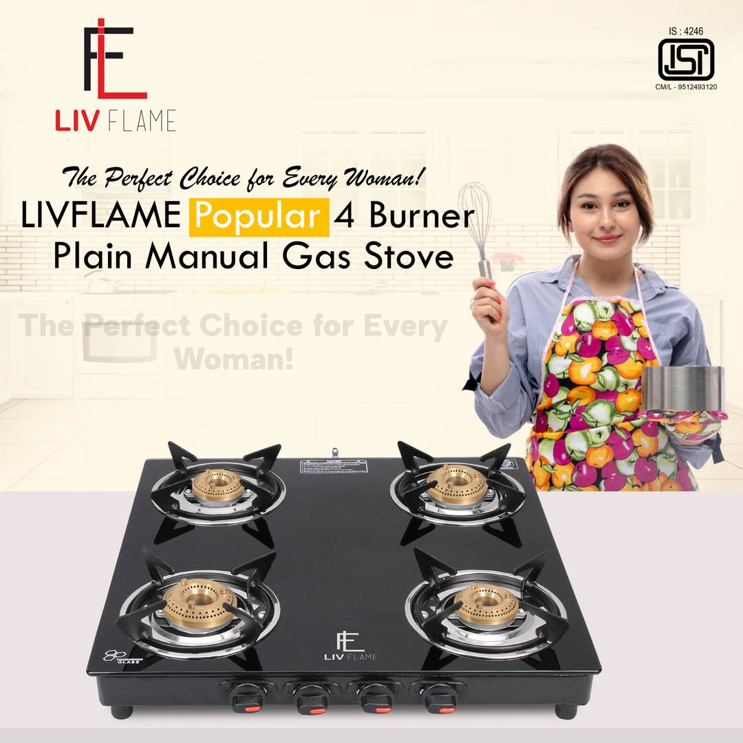 LIVFLAME Popular Cute Plain Toughened Glass Manual Gas Stove 4 Burners