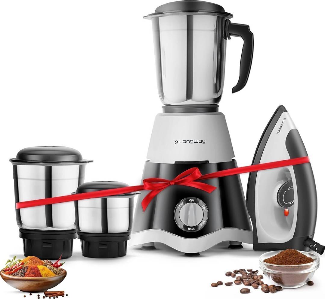 Longway Super Dlx with Kwid 1100 Watt Dry Iron Combo 500 W Juicer Mixer Grinder Super | 3 Jars | Black, Grey