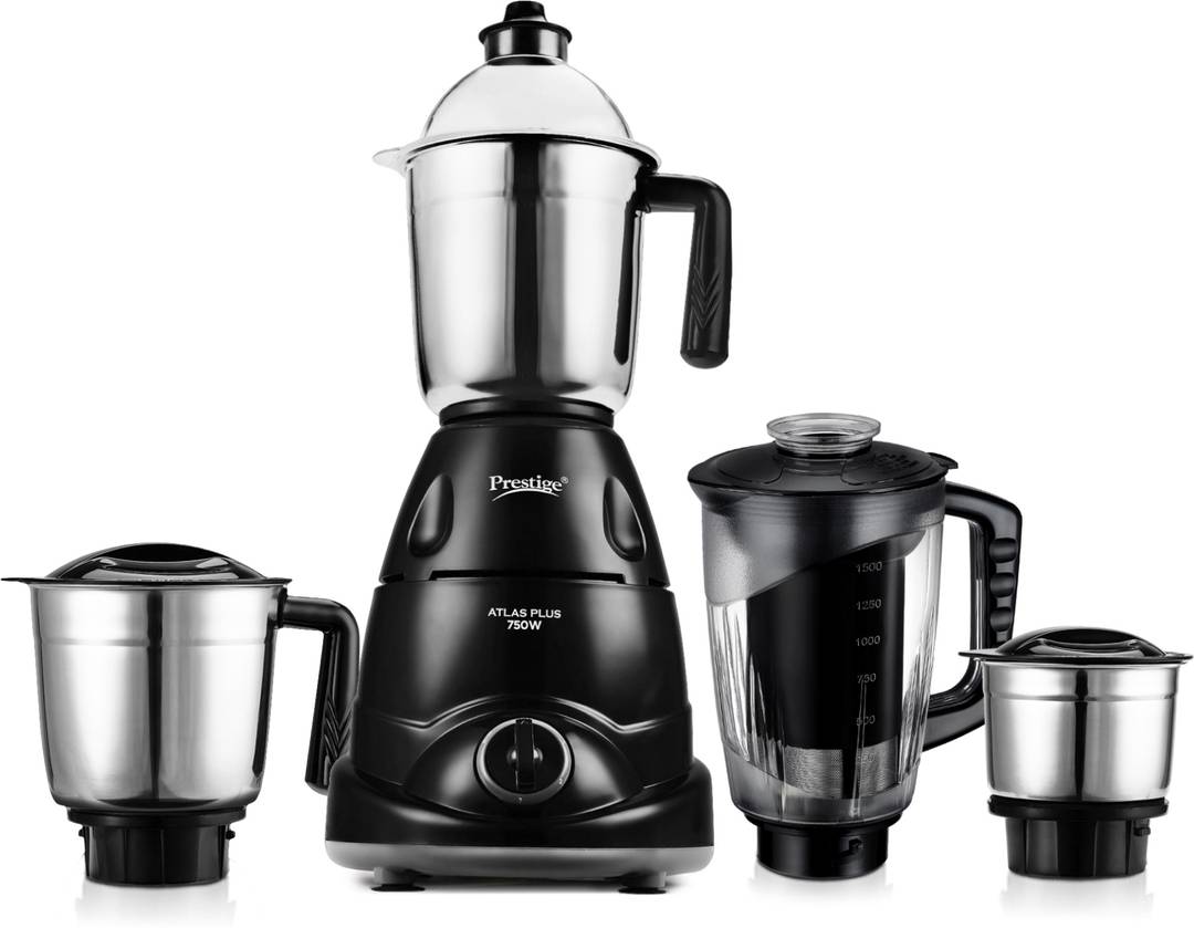 Prestige Plus 750 W Juicer Mixer Grinder Atlas Plus | 4 Jars | with Flow Breaker Design | Black, Grey