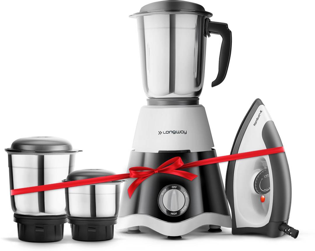 Longway Super Dlx with Kwid 1100 Watt Dry Iron Combo 500 W Juicer Mixer Grinder Super | 3 Jars | Black, Grey