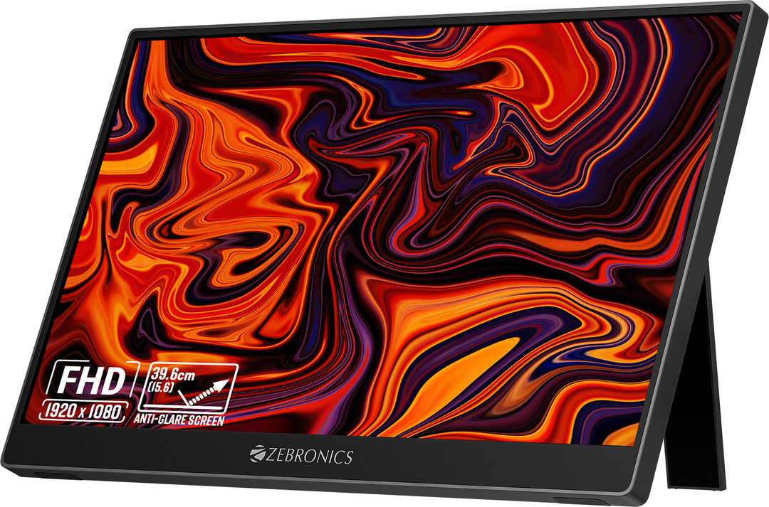 ZEBRONICS Pixigo 39.62 cm (16 inch) Full HD LED Backlit IPS Panel with Portable, 60 Adjustable Stand, 250Nits, Type-C PD Input, Type-C Input, Mini HDM