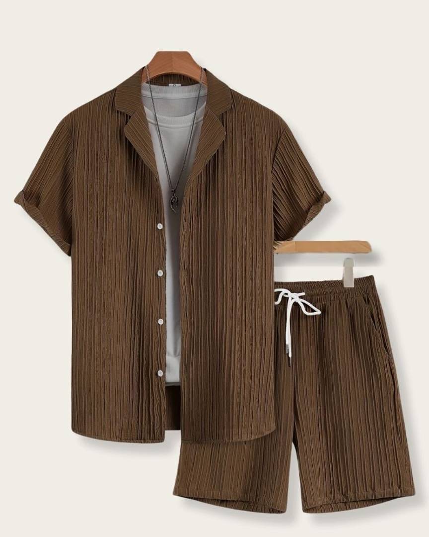 Men Night Suit Set Brown Solid