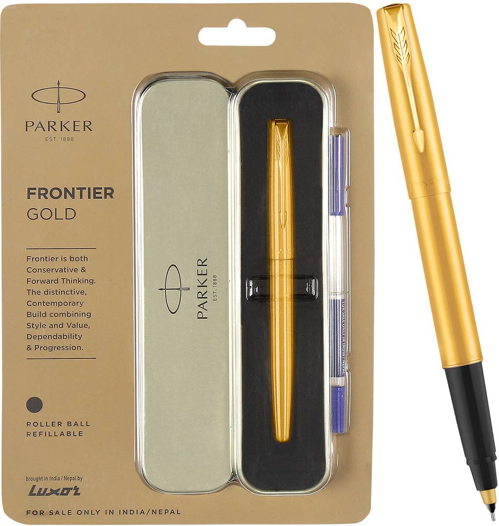 parker frontier stainless steel gold trim roller ball pen