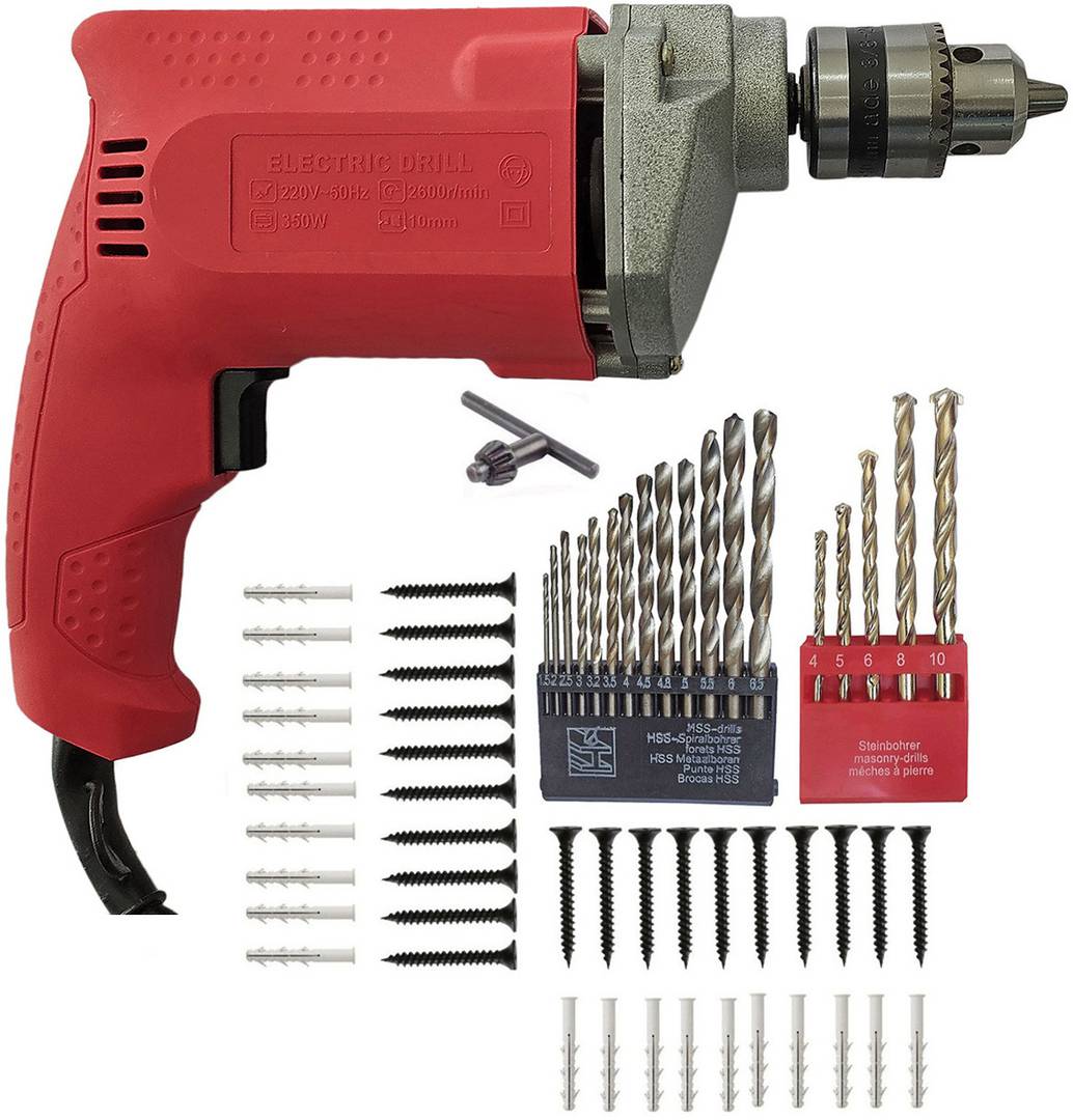 inditrust 350w electric drill machine 10mm 5pc masonry 13pc hss bit 40pc gitti screw set pistol grip