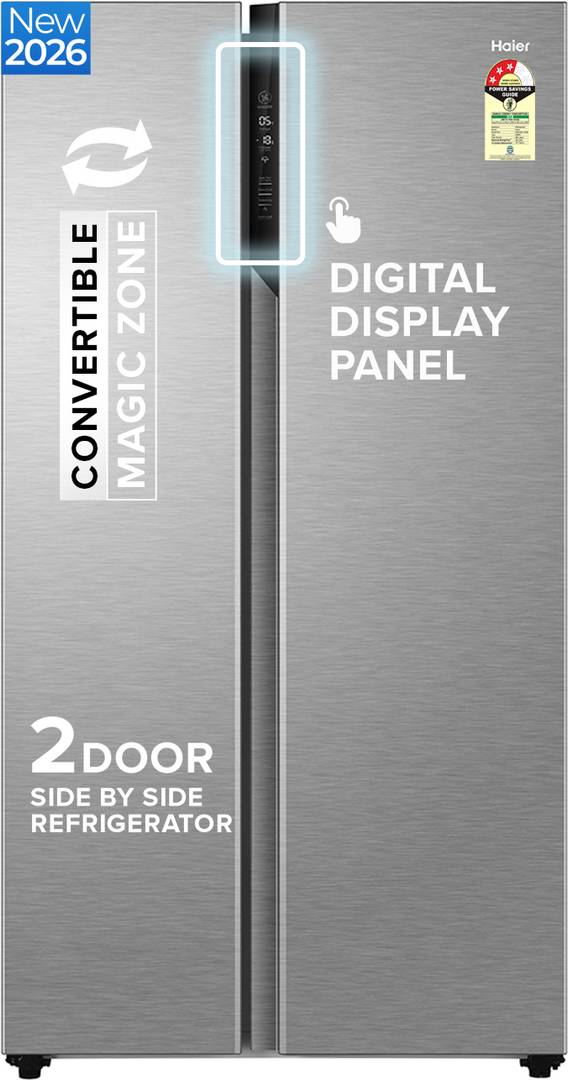 Haier 596 L Frost Free Side by Side Convertible Refrigerator with Inverter, Digital Display Panel, Twist Ice Tray, Deo Fresh Technology Shiny Steel, H