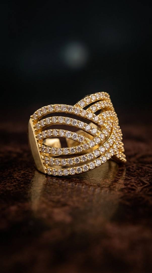 Gold-Plated American Diamond Broad Criss-Cross Ring for Women & Girls Alloy, Brass Cubic Zirconia, Zircon Gold Plated Ring