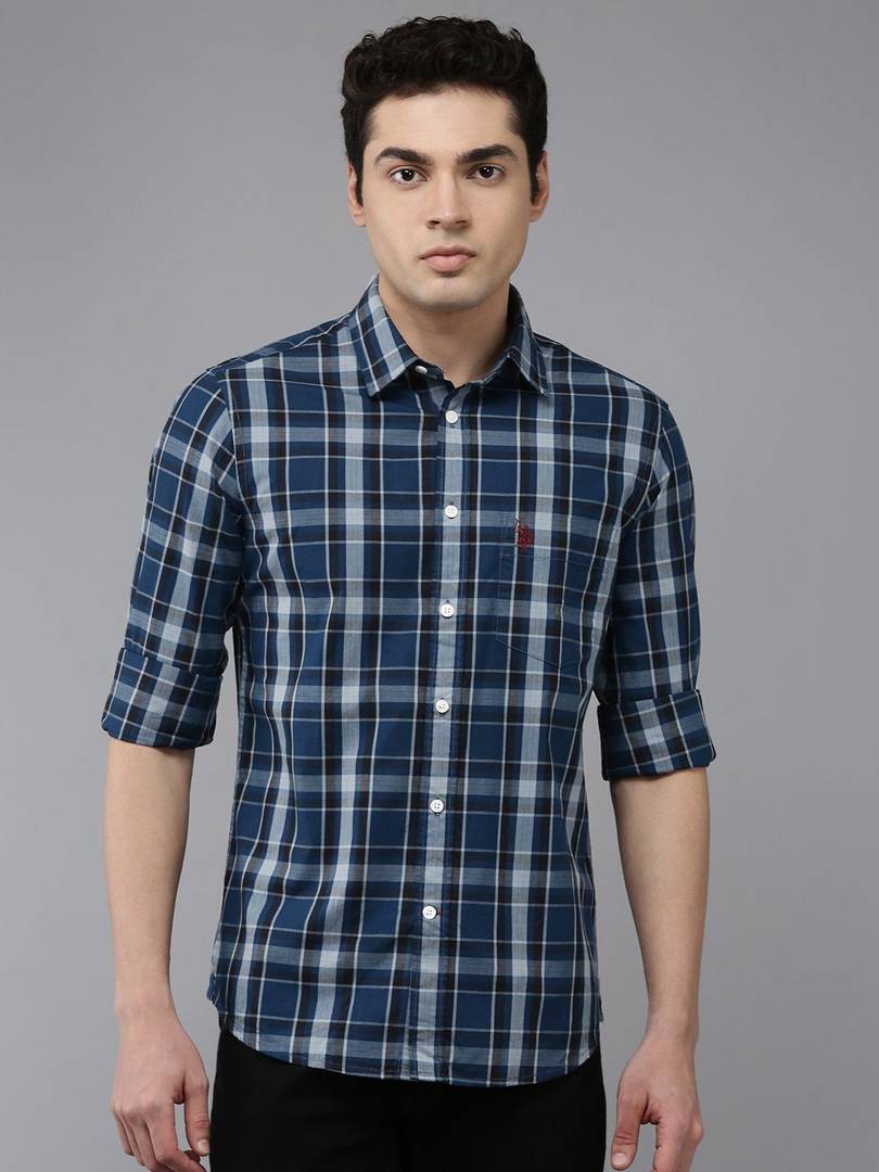 u s polo assn men checkered casual blue shirt