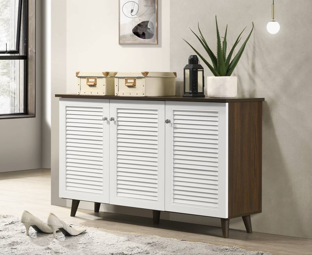 deckup 3 door walnut white engineered wood shoe rack