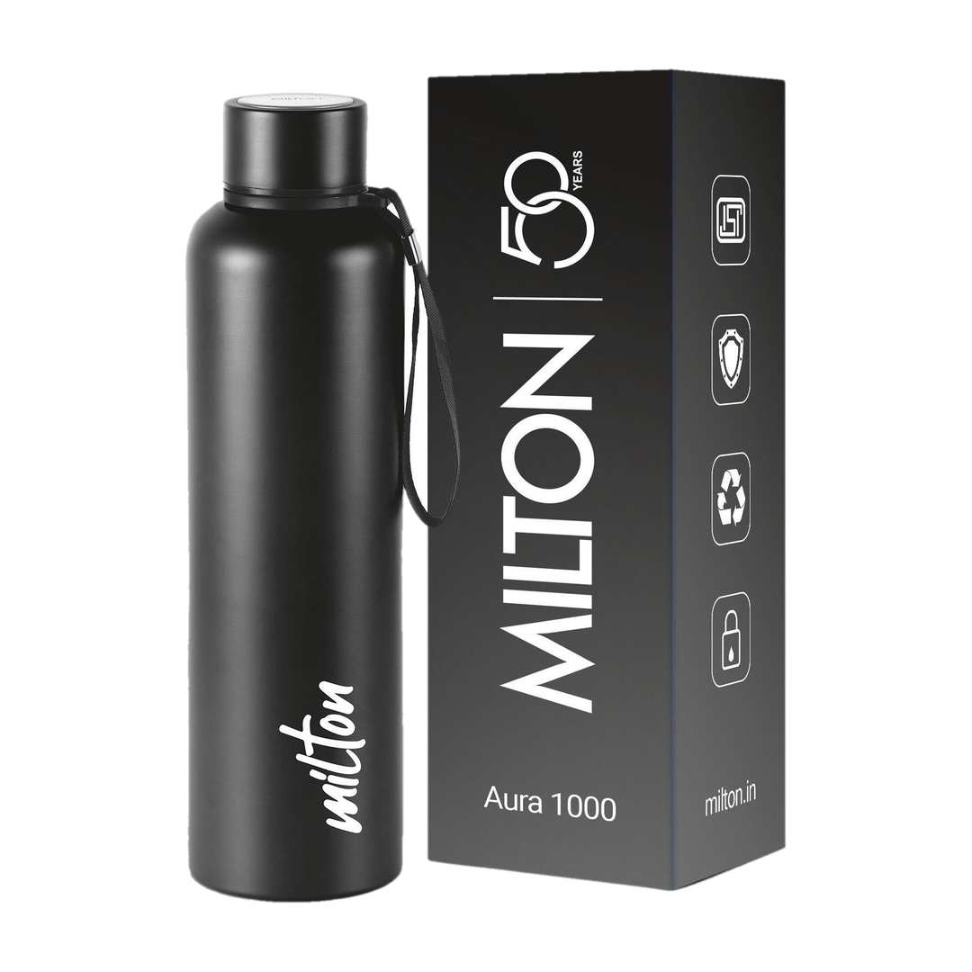 MILTON Aura 1000 Thermosteel Water Bottle, ISI Certified, 24 Hr Hot and Cold 1 L Stainless Steel Flask Pack of 1, Black