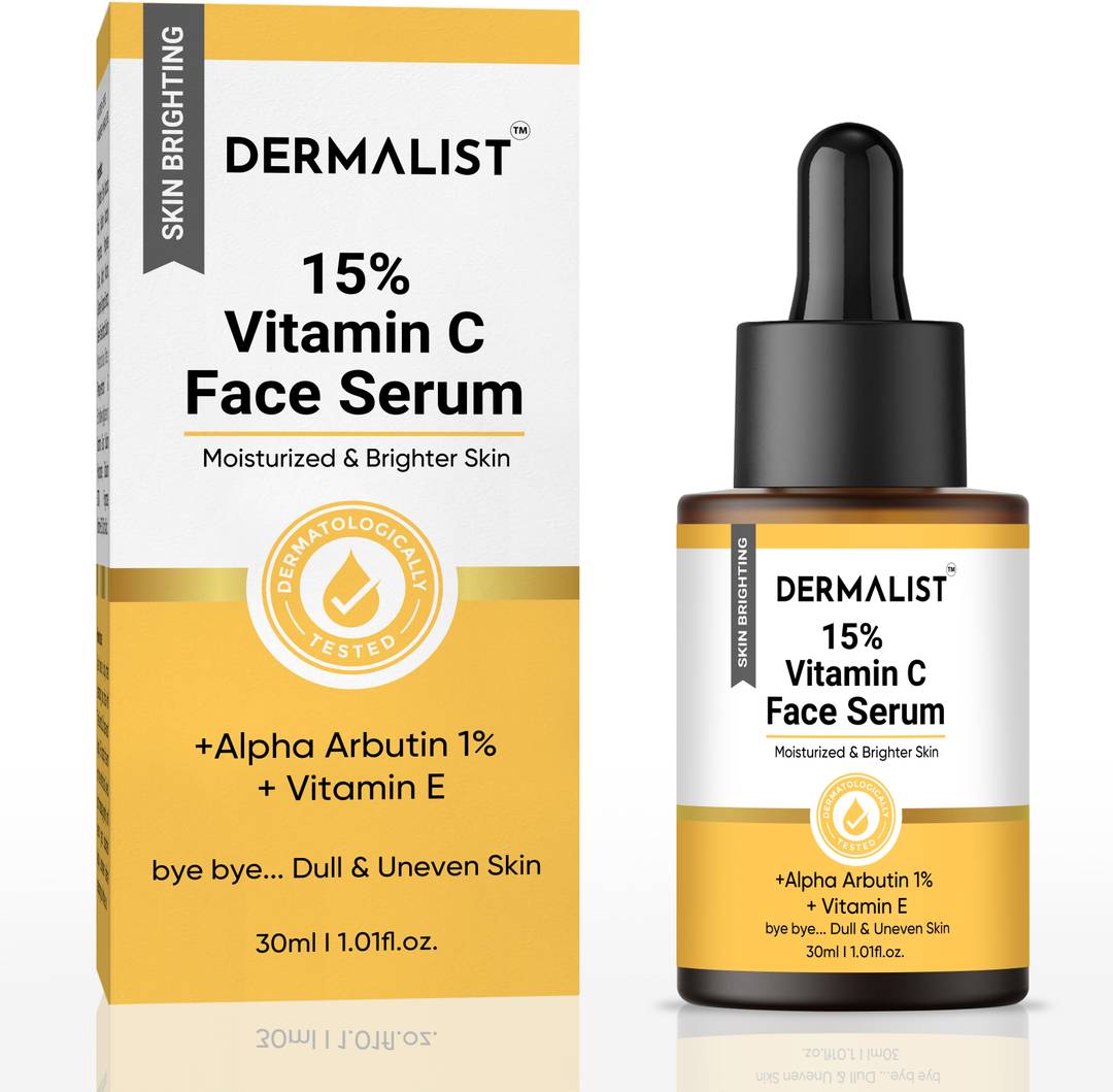 Dermalist 15% Vitamin C Face Serum with 1% Alpha Arbutin, Vita-E, Ferulic Acid | Advanced Skin Brightening Formula for Glowing Face | Reduces Uneven S