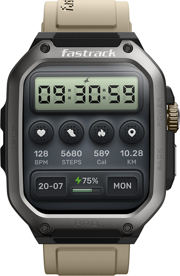 Fastrack Active Pro 1.85" AMOLED Display&AOD(390x450),Functional Crown,BT Calling Rugged Smartwatch Khaki Strap, Free Size