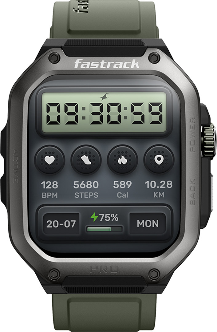 Fastrack Active Pro 1.85" AMOLED Display&AOD(390x450),Functional Crown,BT Calling Rugged Smartwatch Green Strap, Free Size