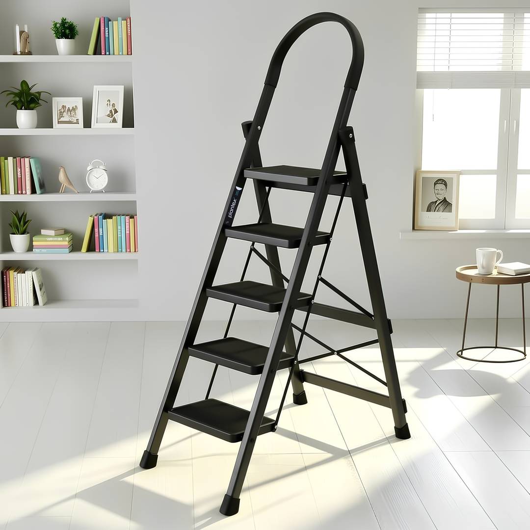 Plantex Anti-Skid Strong Foldable Wide 5 Step Ladder/Ladder for Home-(Apex -Black) Steel Ladder With Platform