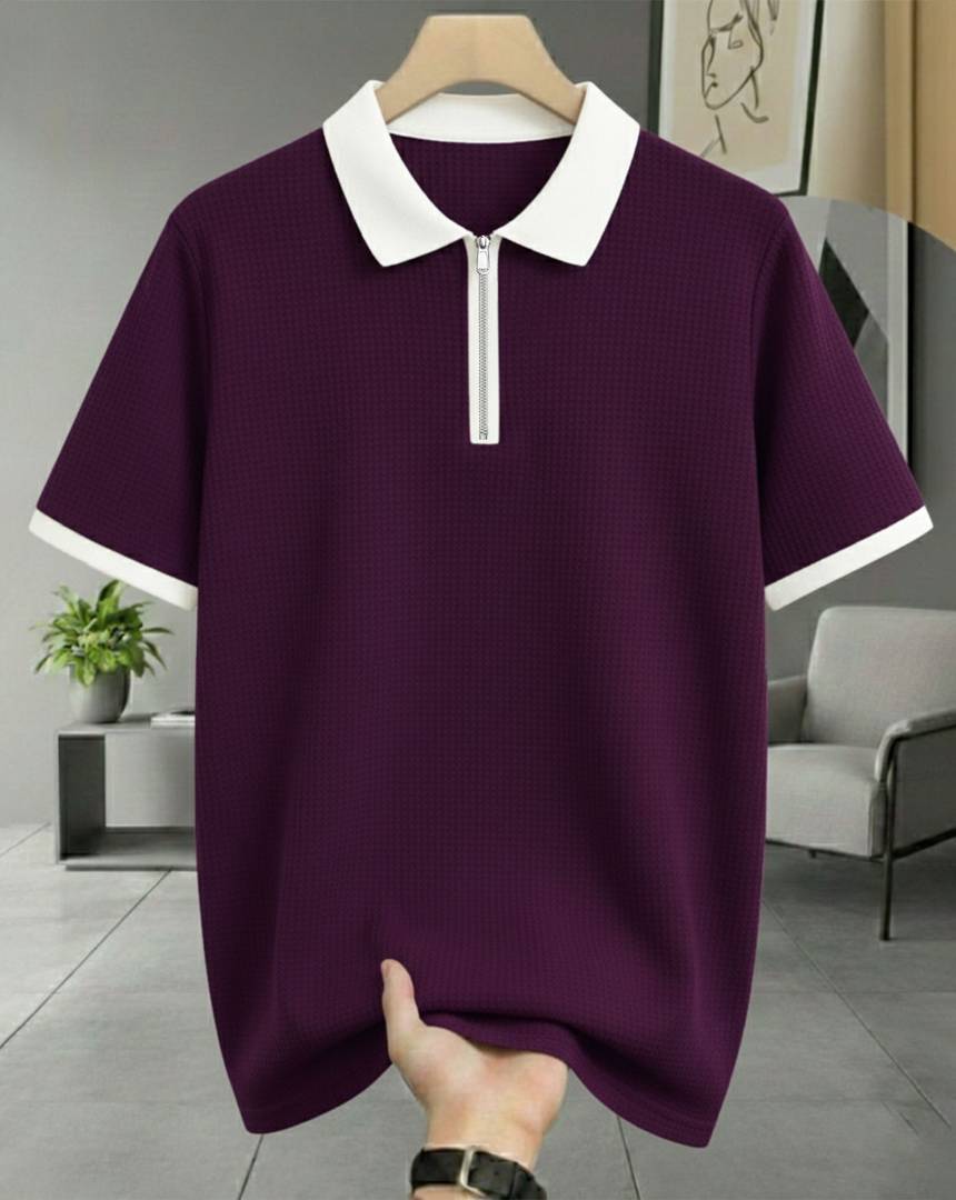 Men Self Design Zip Neck Cotton Blend Purple T-Shirt