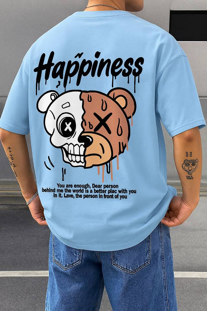 Men Printed Round Neck Cotton Blend Light Blue T-Shirt