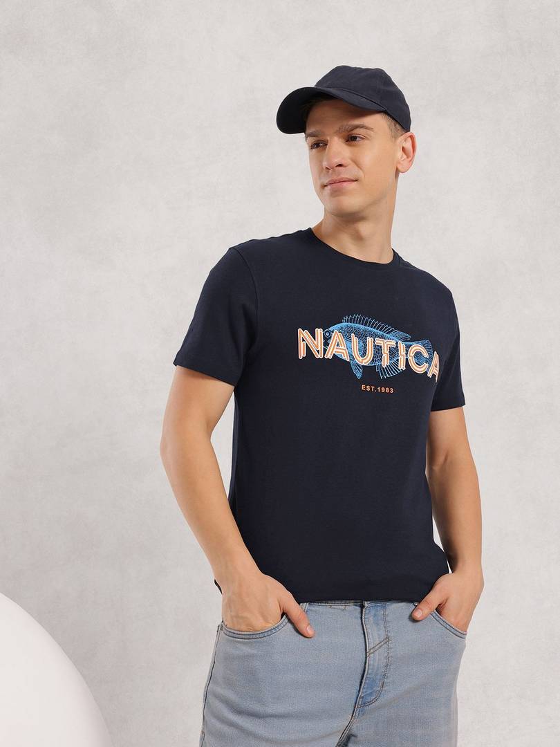 nautica printed men round neck navy blue t shirt