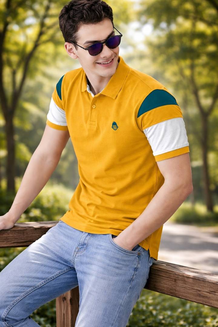 Men Embroidered, Solid Polo Neck Pure Cotton Yellow T-Shirt
