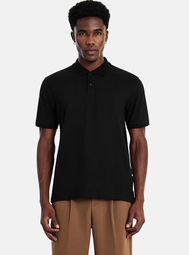 Men Self Design Polo Neck Cotton Blend Black T-Shirt