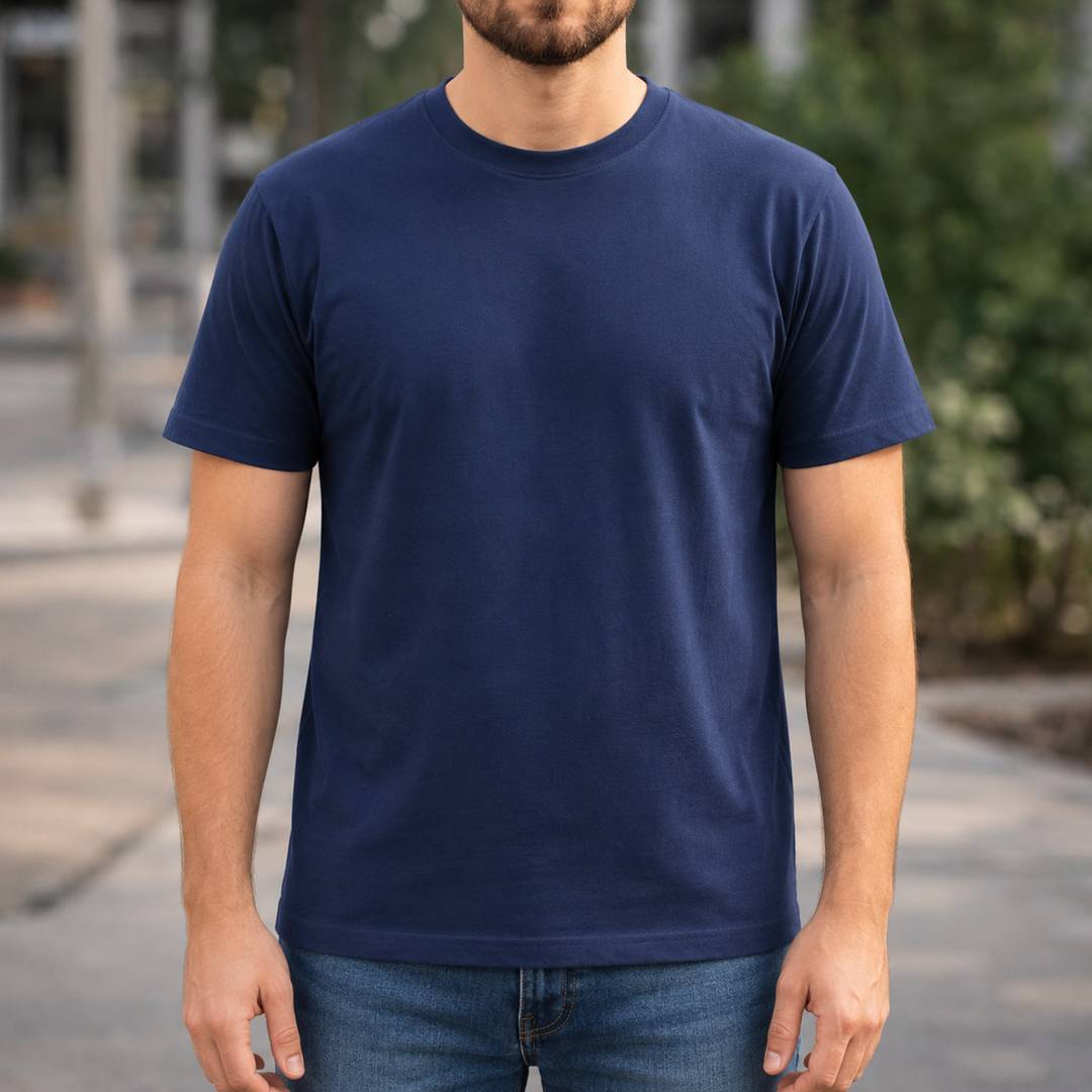 Men Graphic Print Crew Neck Cotton Blend Navy Blue T-Shirt