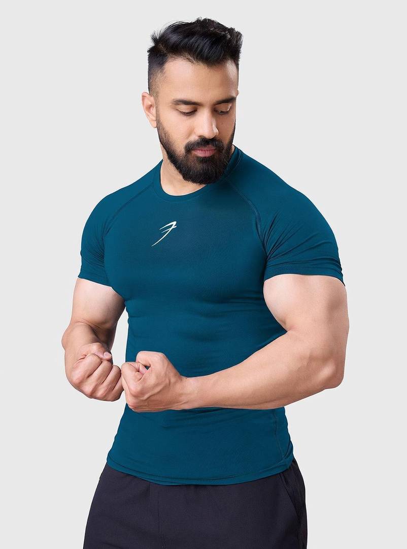 Men Solid Round Neck Polyester Blue T-Shirt