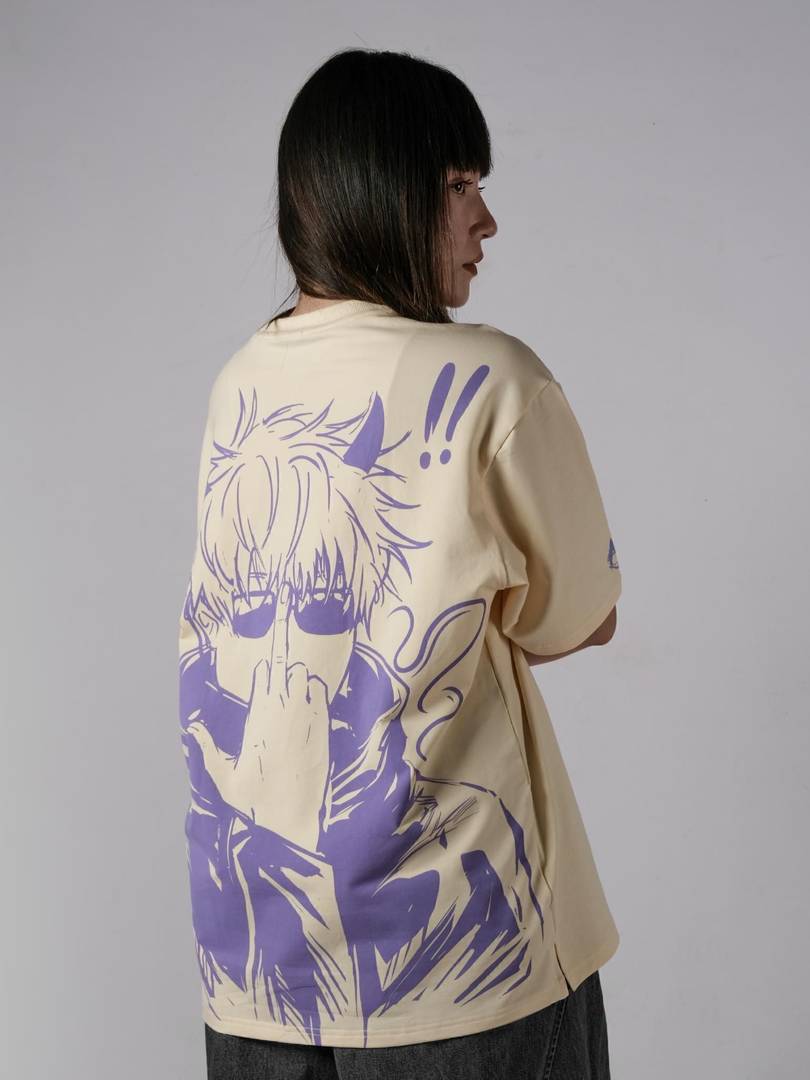 Jujutsu Kaisen Anime Star Boy Oversized Printed Tee Men Graphic Print Crew Neck Pure Cotton Beige T-Shirt