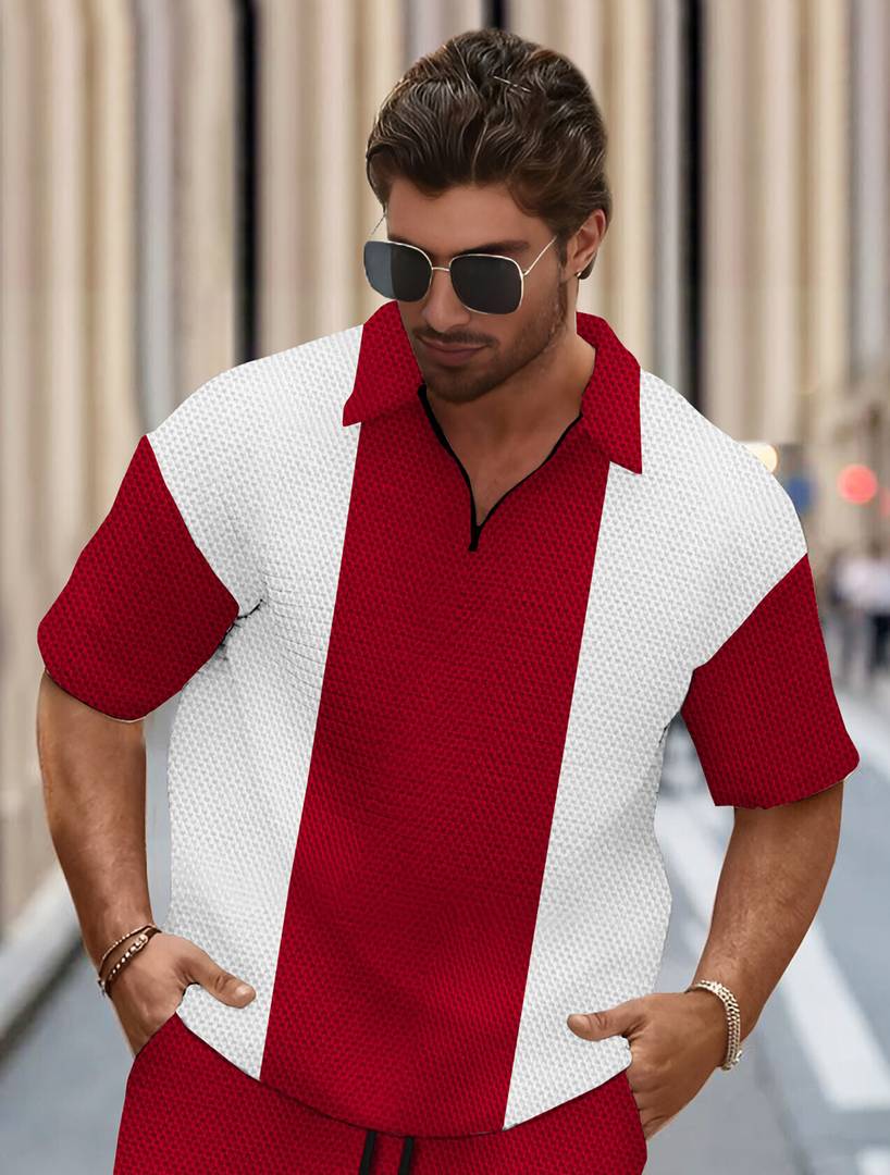 Men Colorblock Polo Neck Polyester White, Red T-Shirt