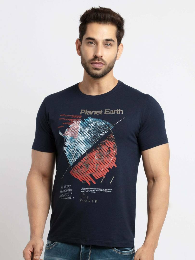 Men Solid Round Neck Cotton Blend Navy Blue T-Shirt