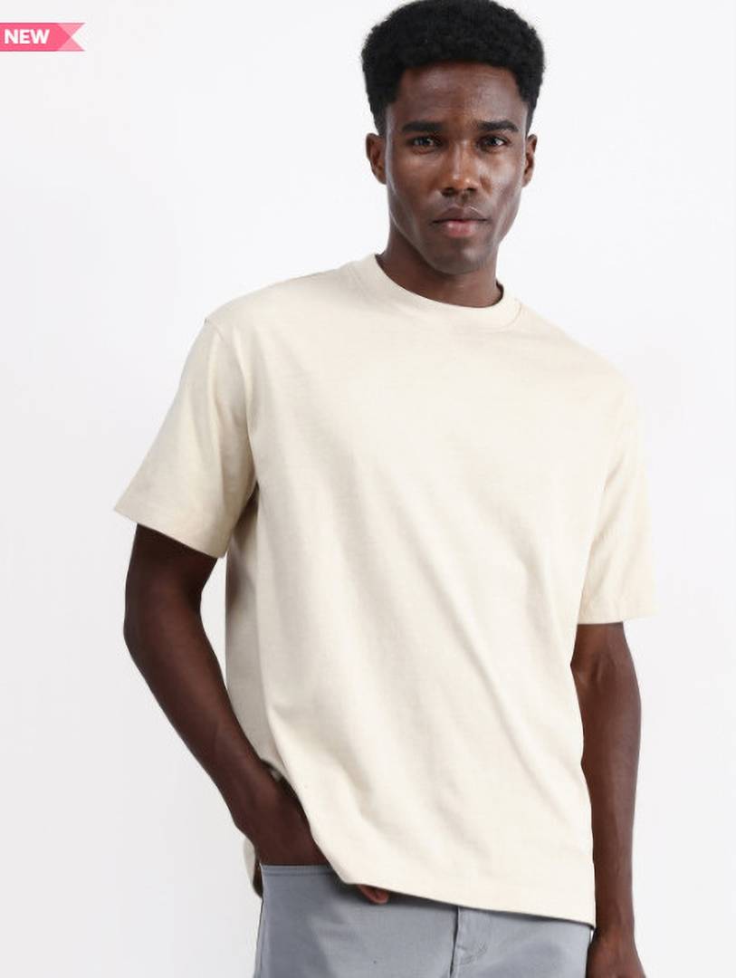Men Solid Round Neck Pure Cotton Beige T-Shirt