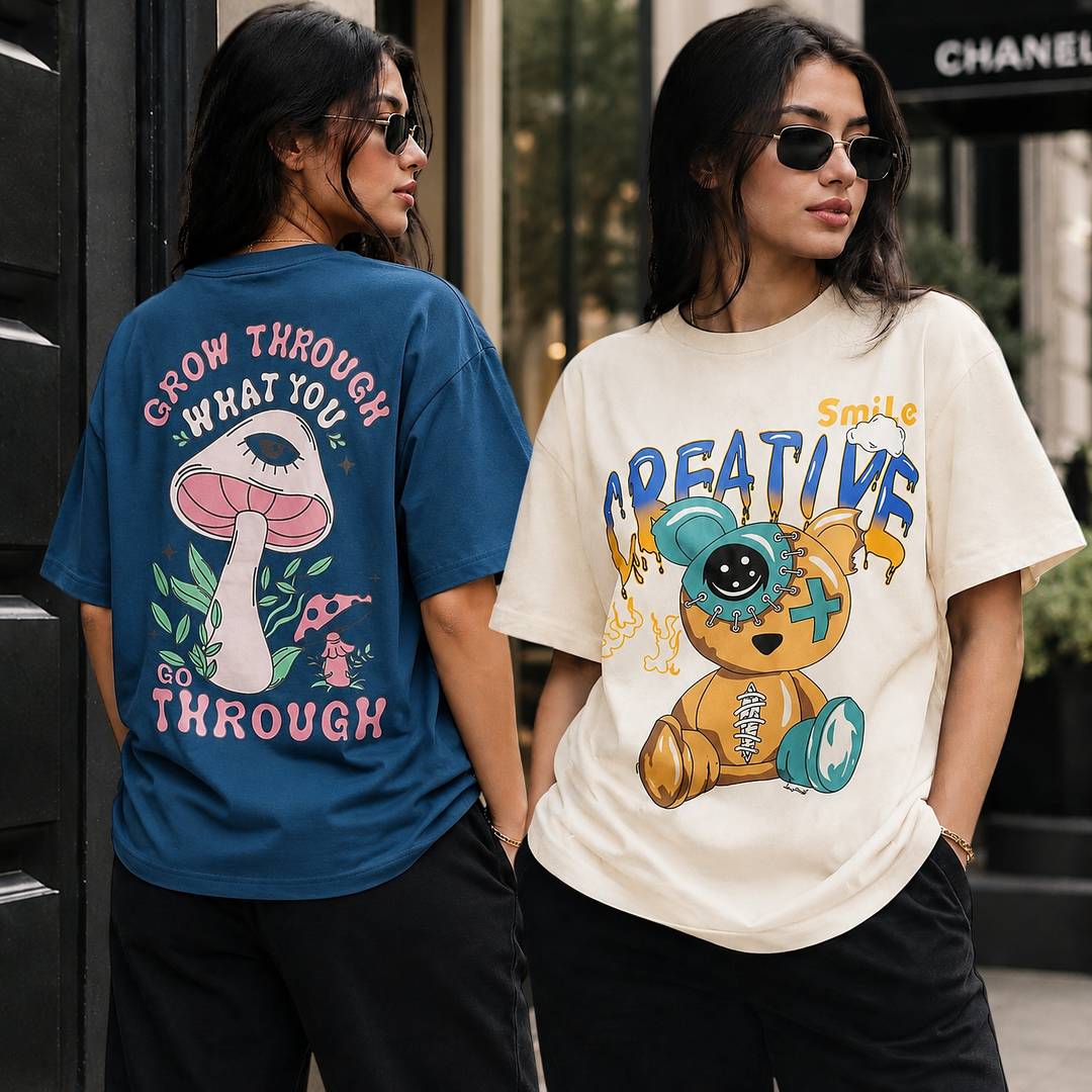 Pack of 2 Graphic Print Women Round Neck Cotton Blend Multicolor T-Shirt